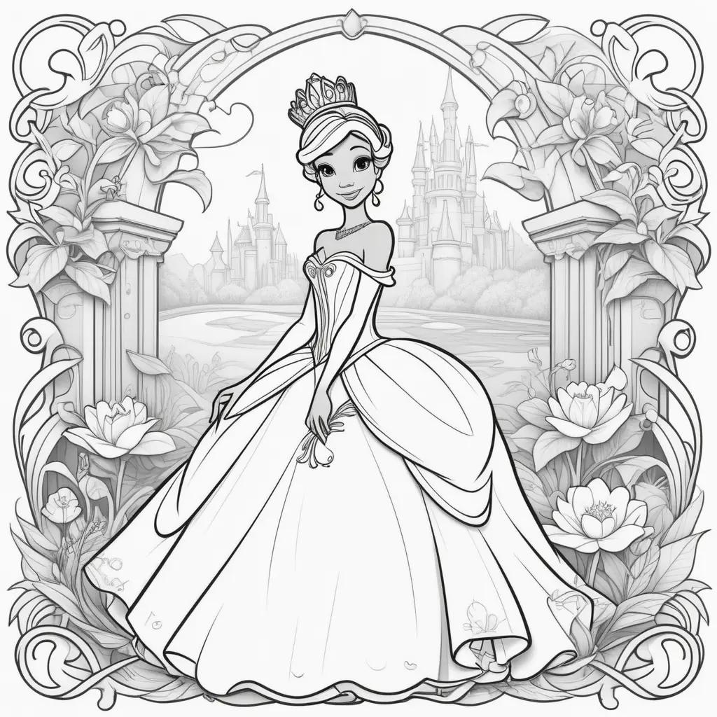 princess coloring page with a frog in the background