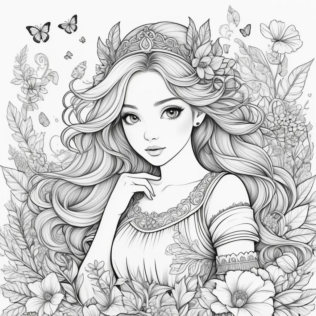 princess coloring page with butterflies and flowers