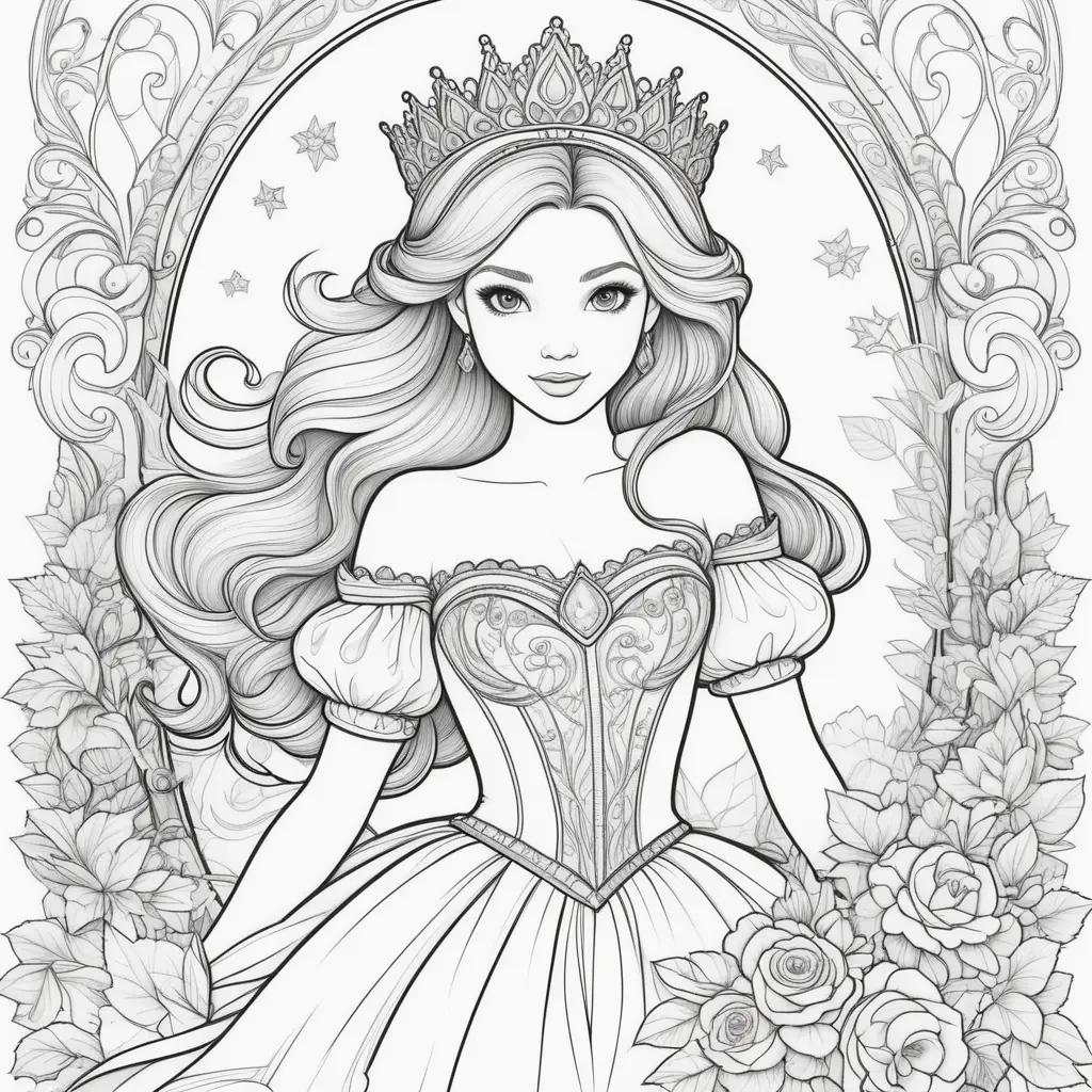 princess coloring page with roses and a crown