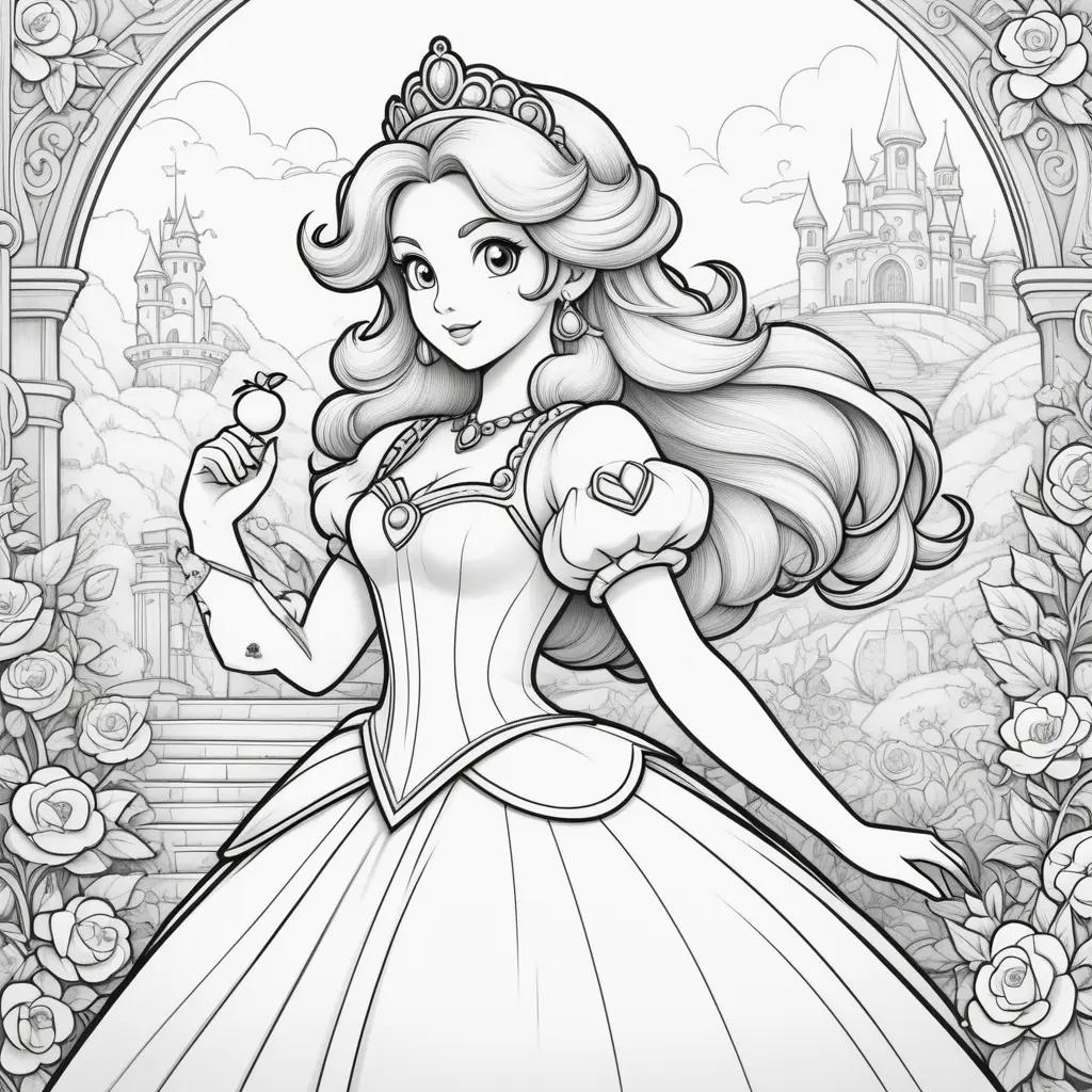 princess holding a rose in a coloring page