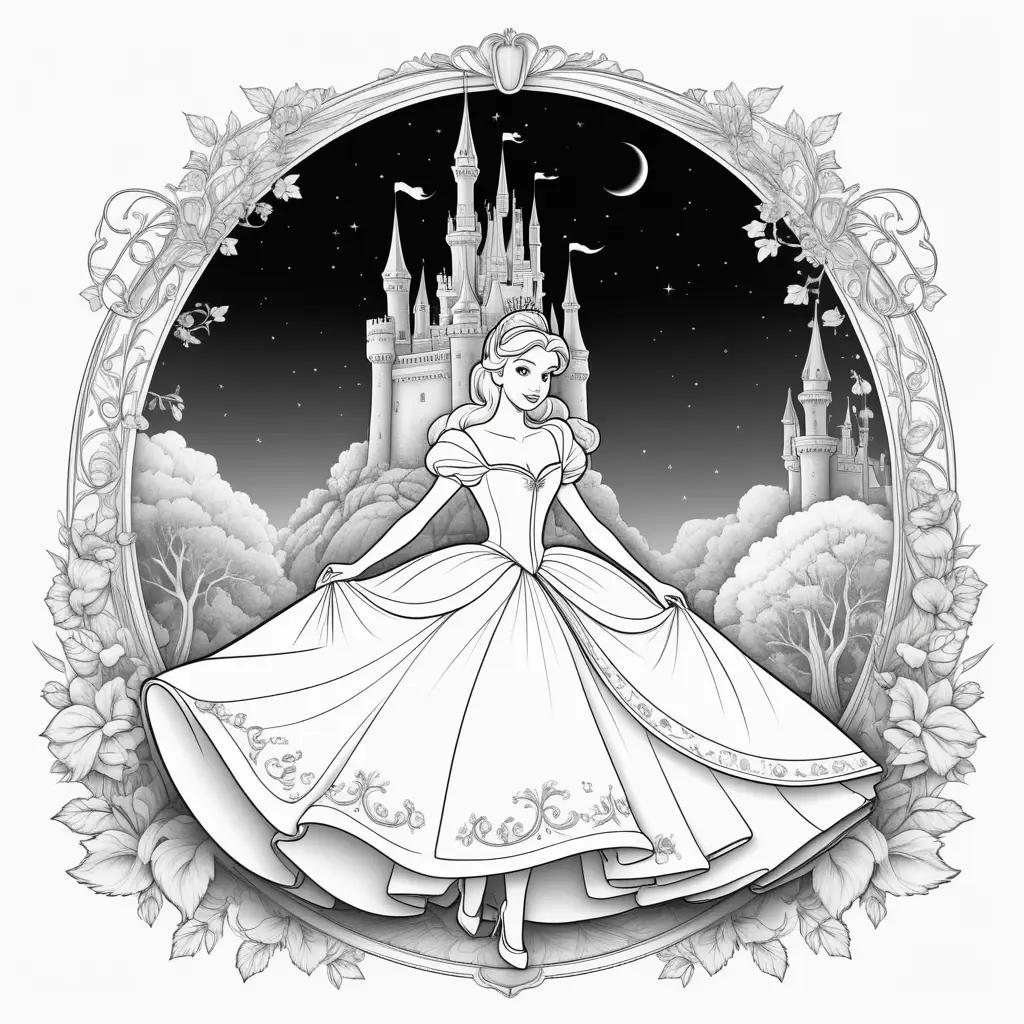 princess in a ball gown coloring page with cinderella theme