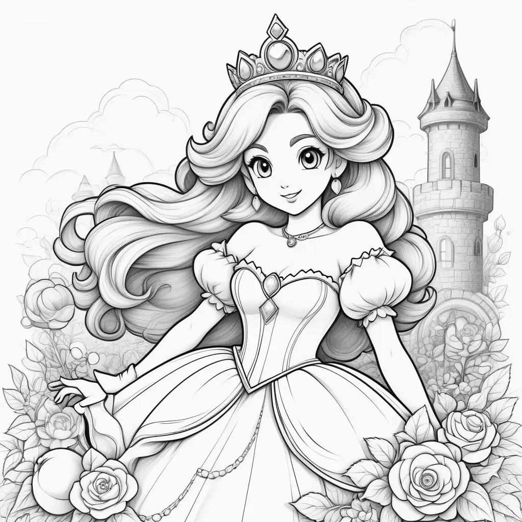 princess peach color pages with a castle and flowers