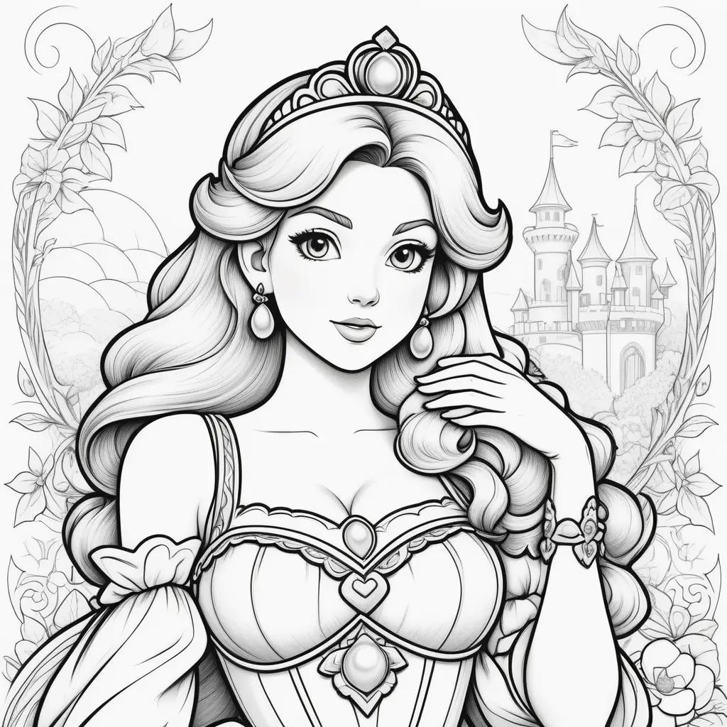 princess peach coloring page with a castle and flowers