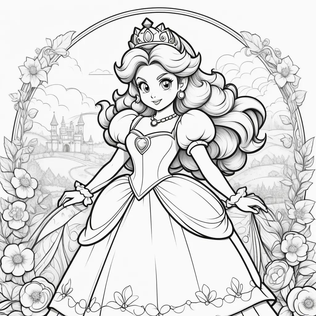 princess peach coloring page with a castle in the background