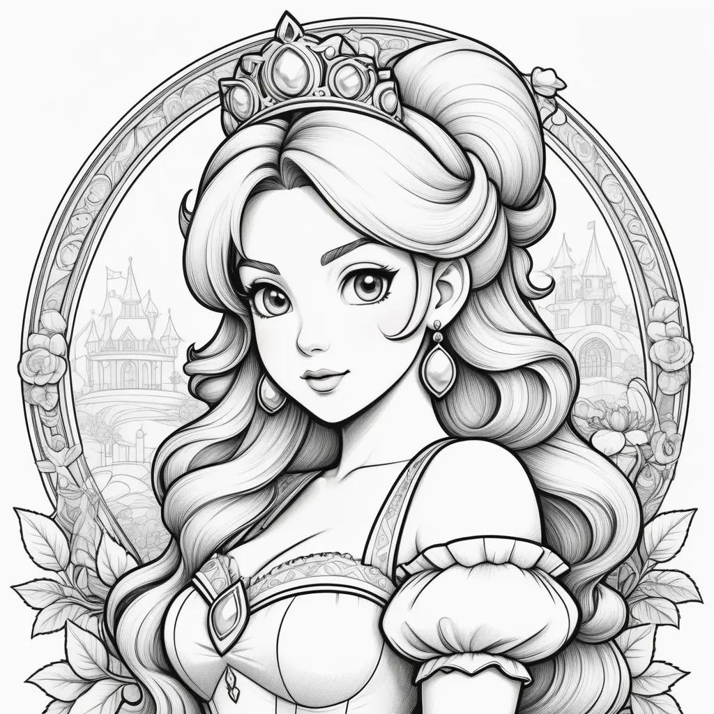 princess peach coloring page with a crown and a castle