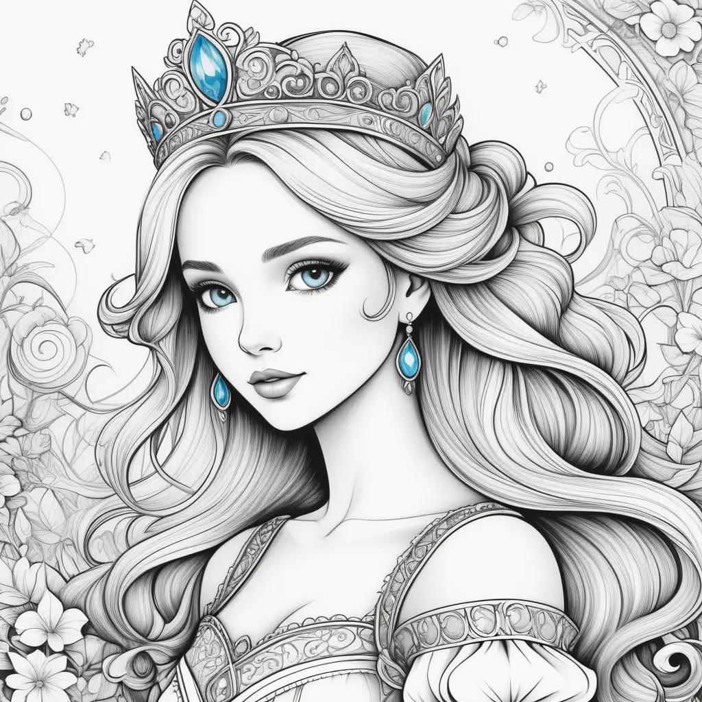 princess with a crown, earrings, and necklace coloring page