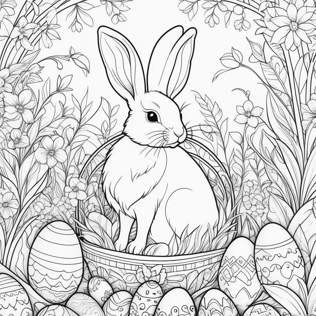 printable Easter coloring page featuring a bunny in a basket surrounded by eggs and flowers