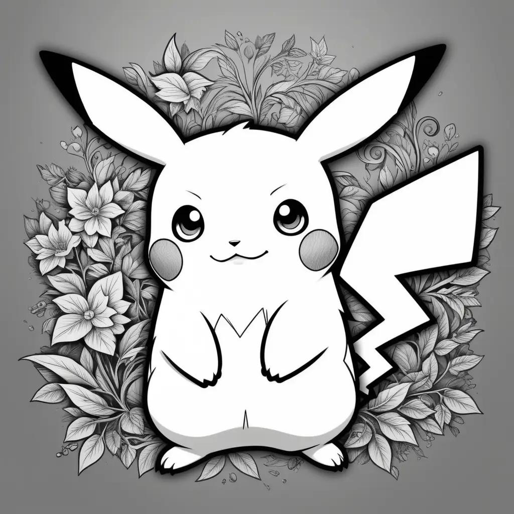 printable coloring page featuring a Pikachu character surrounded by floral designs