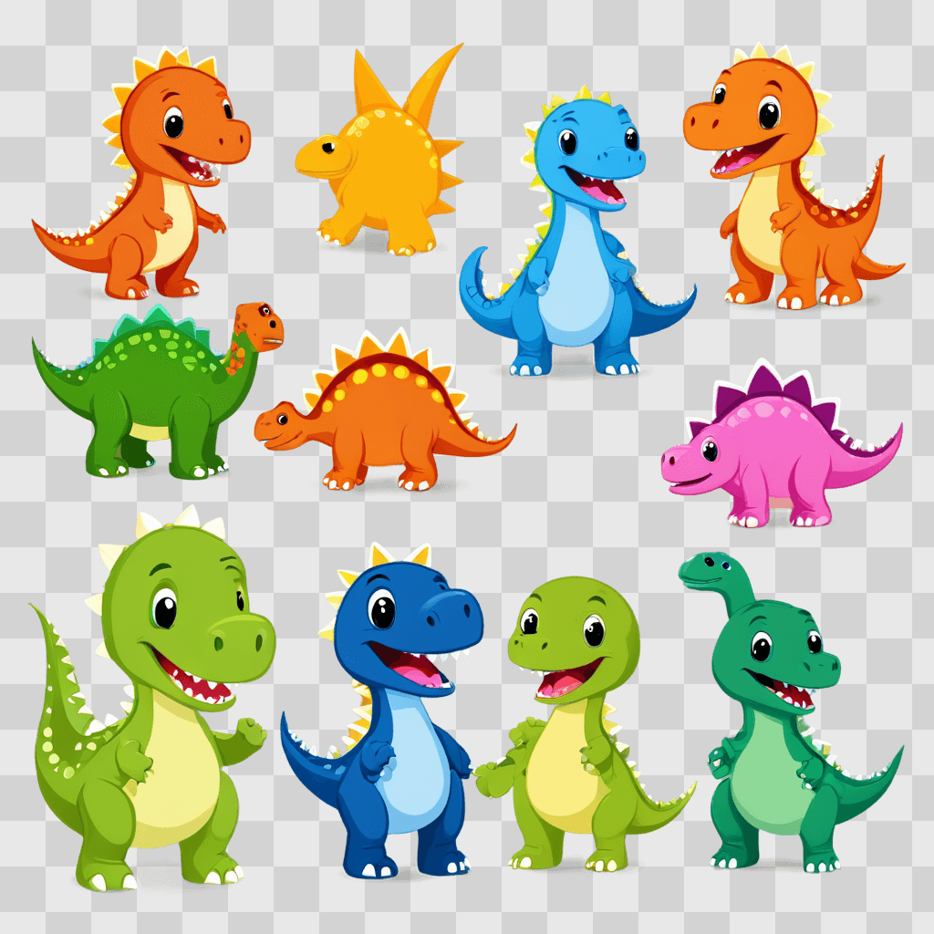 printable cute dinosaur clipart A colorful dinosaur scene with different dinosaurs