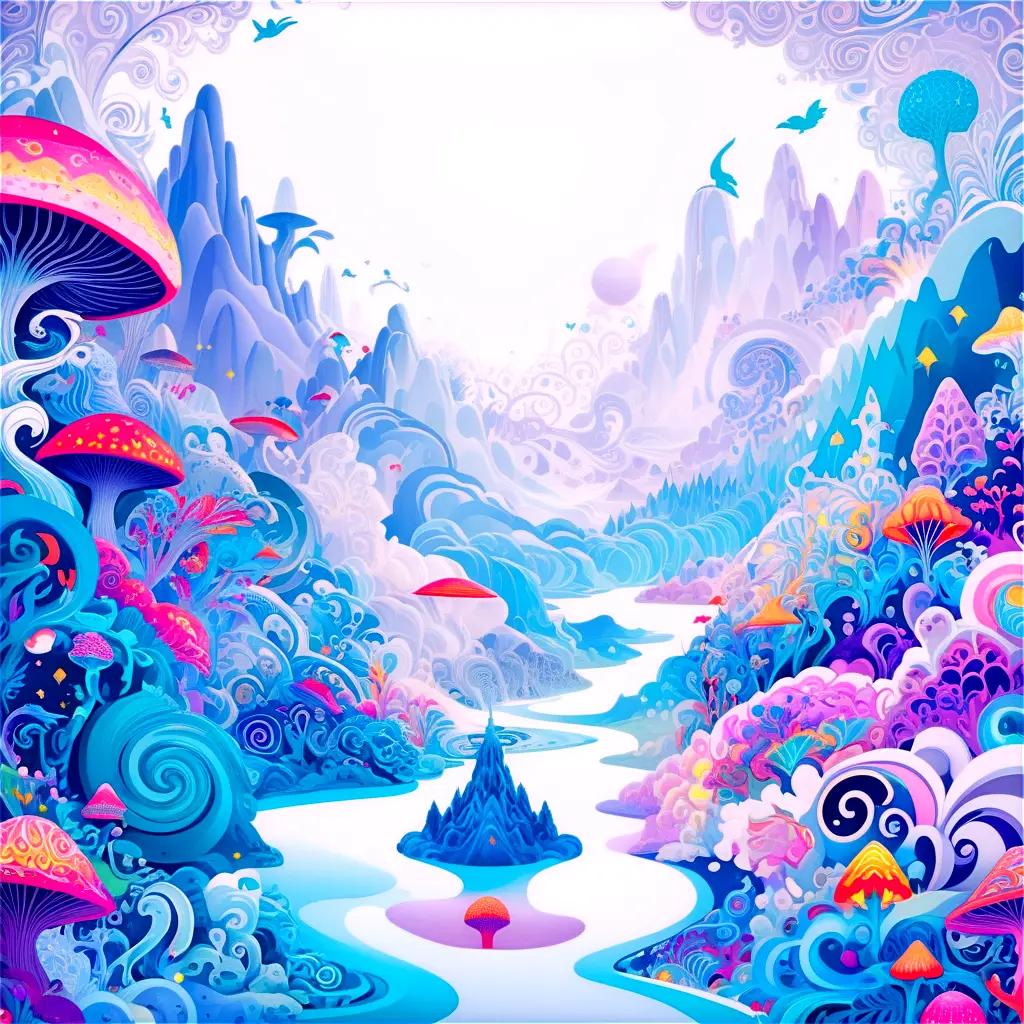 psychedelic landscape with colorful mushrooms and trees