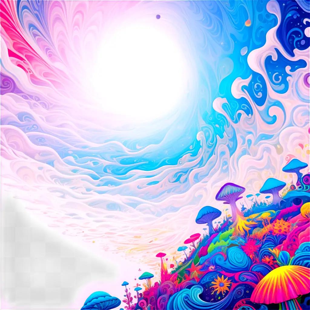 psychedelic ocean scene with colorful mushrooms