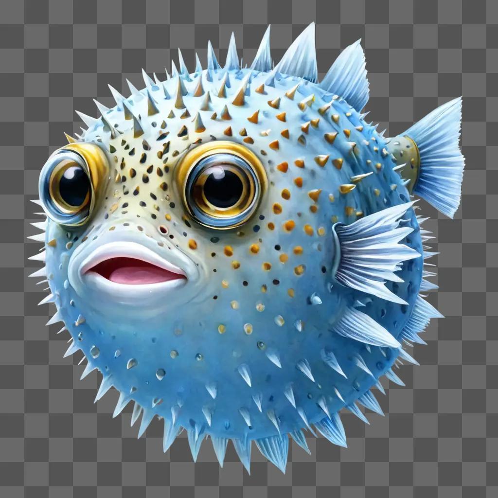 puffer fish drawing A blue puffer fish with yellow eyes and spikes