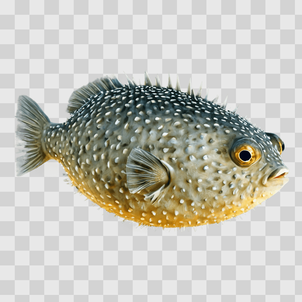 puffer fish drawing A large puffer fish with black spots and a yellow eye