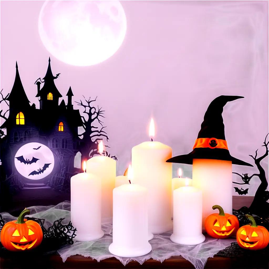 pumpkin and candle arrangement with a witch hat