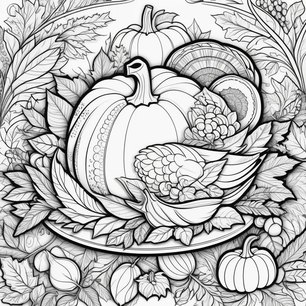 pumpkin and leaves are featured in a Thanksgiving free coloring page