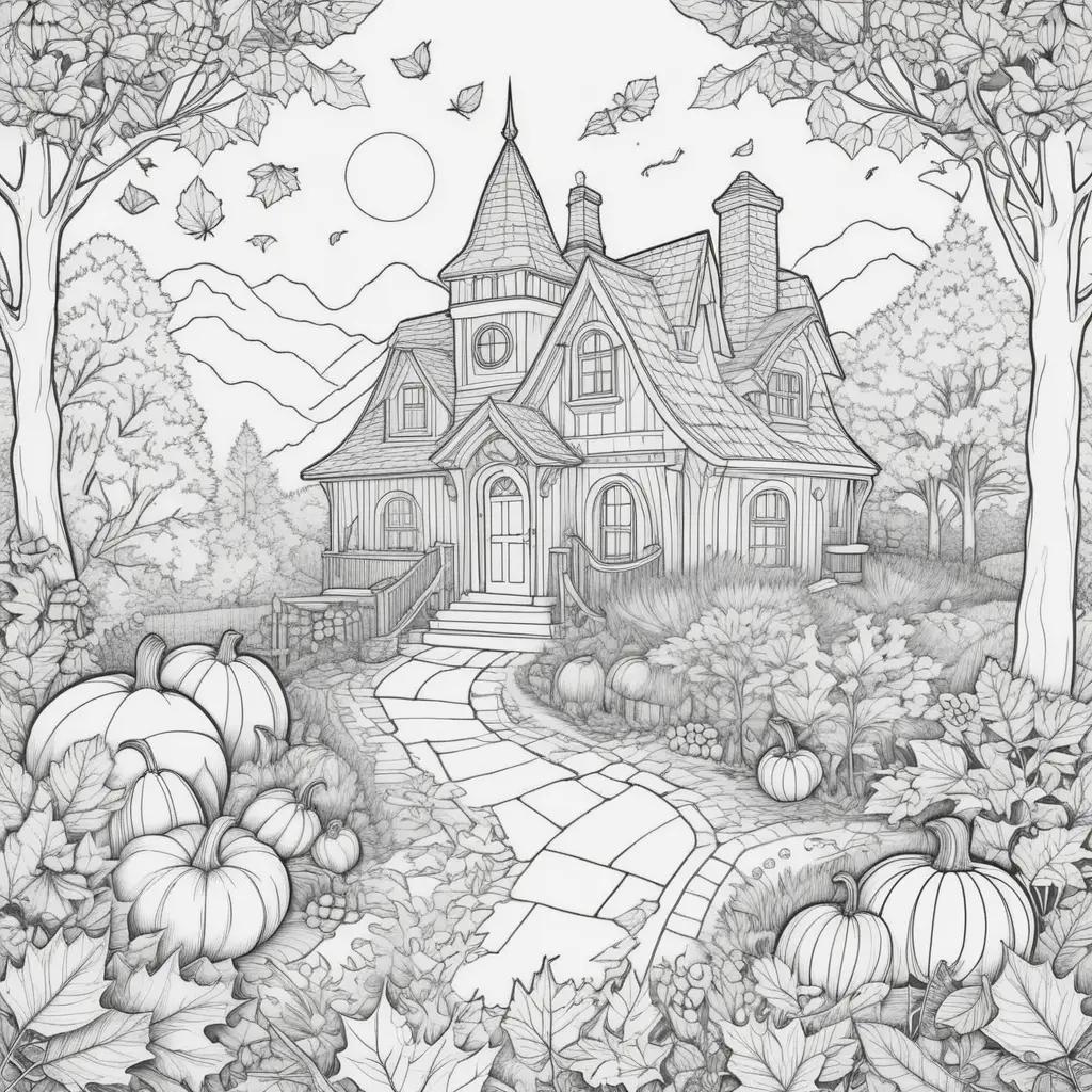 pumpkin house on a leafy path in a fall coloring page