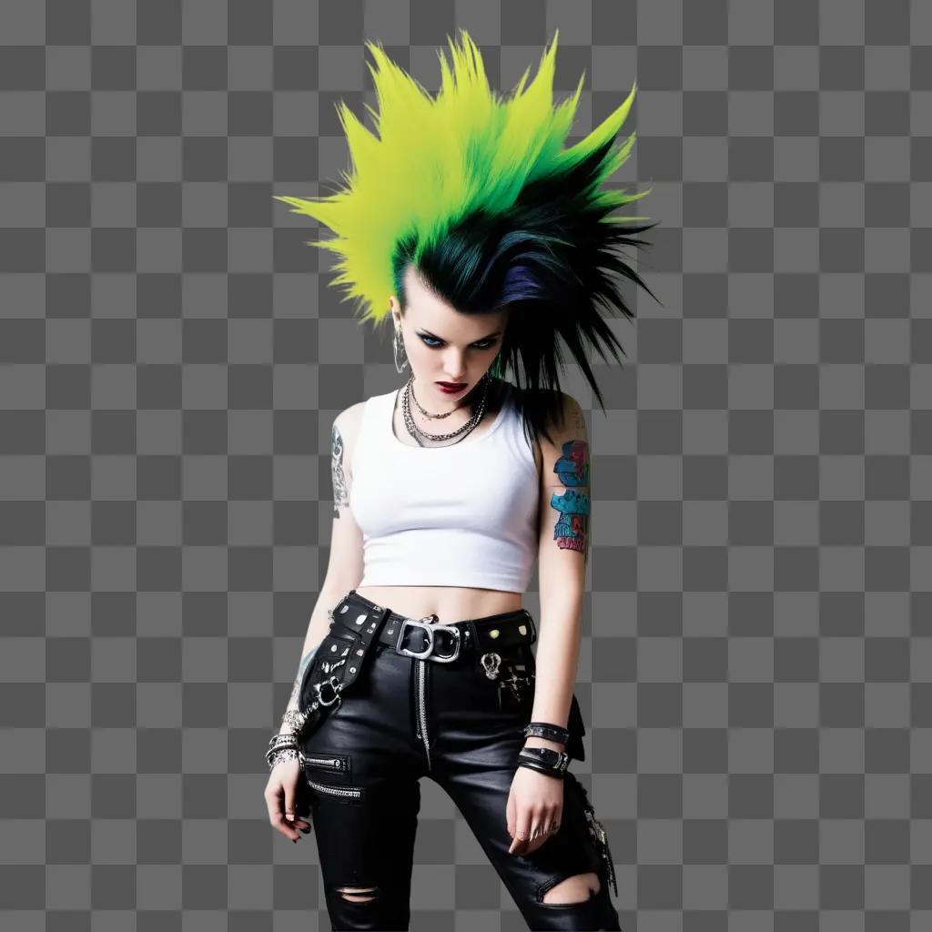 punk rocker poses in a green and black hairdo