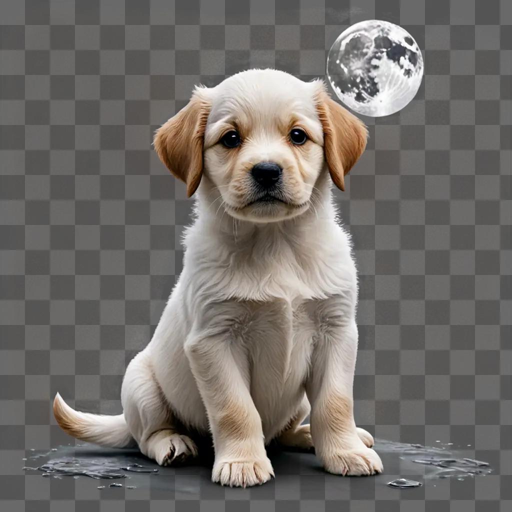 puppy illustrated A puppy sits on a rock with a full moon in the background