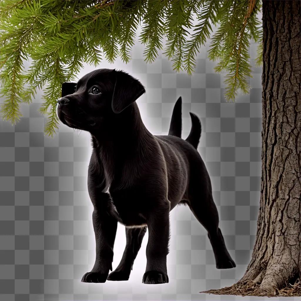 puppy silhouette Black dog looking under tree with green leaves