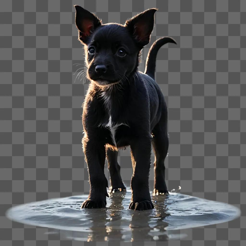 puppy silhouette Black dog stands in puddle of water