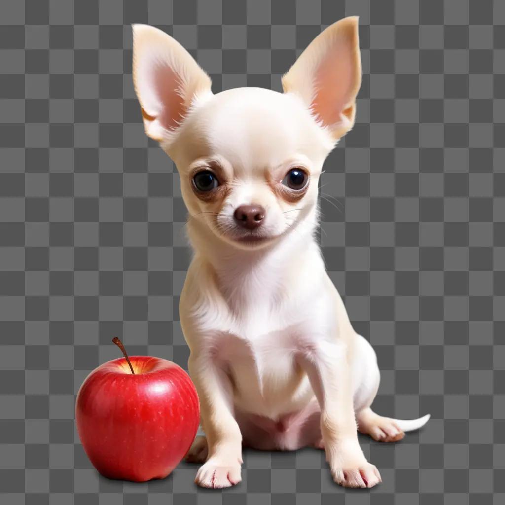 puppy sits with a red apple head