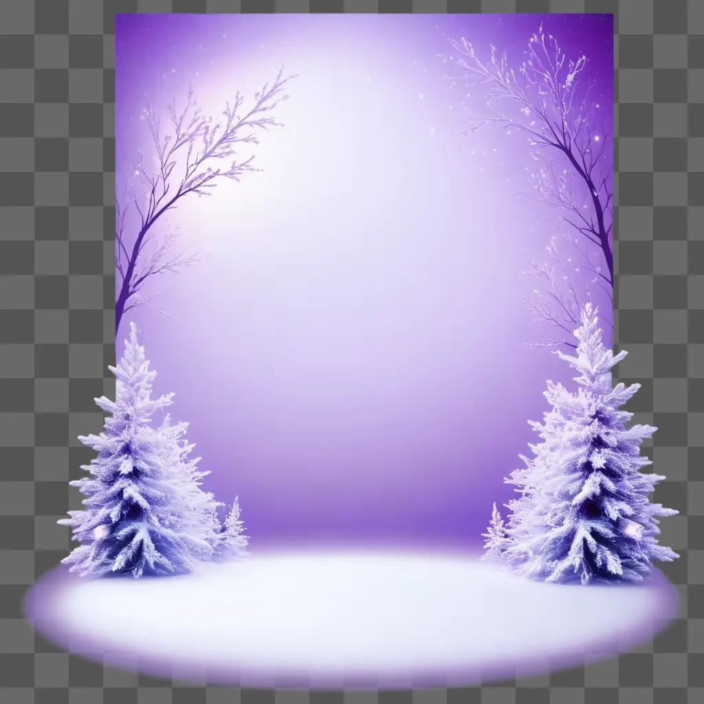 purple background with snow-covered trees