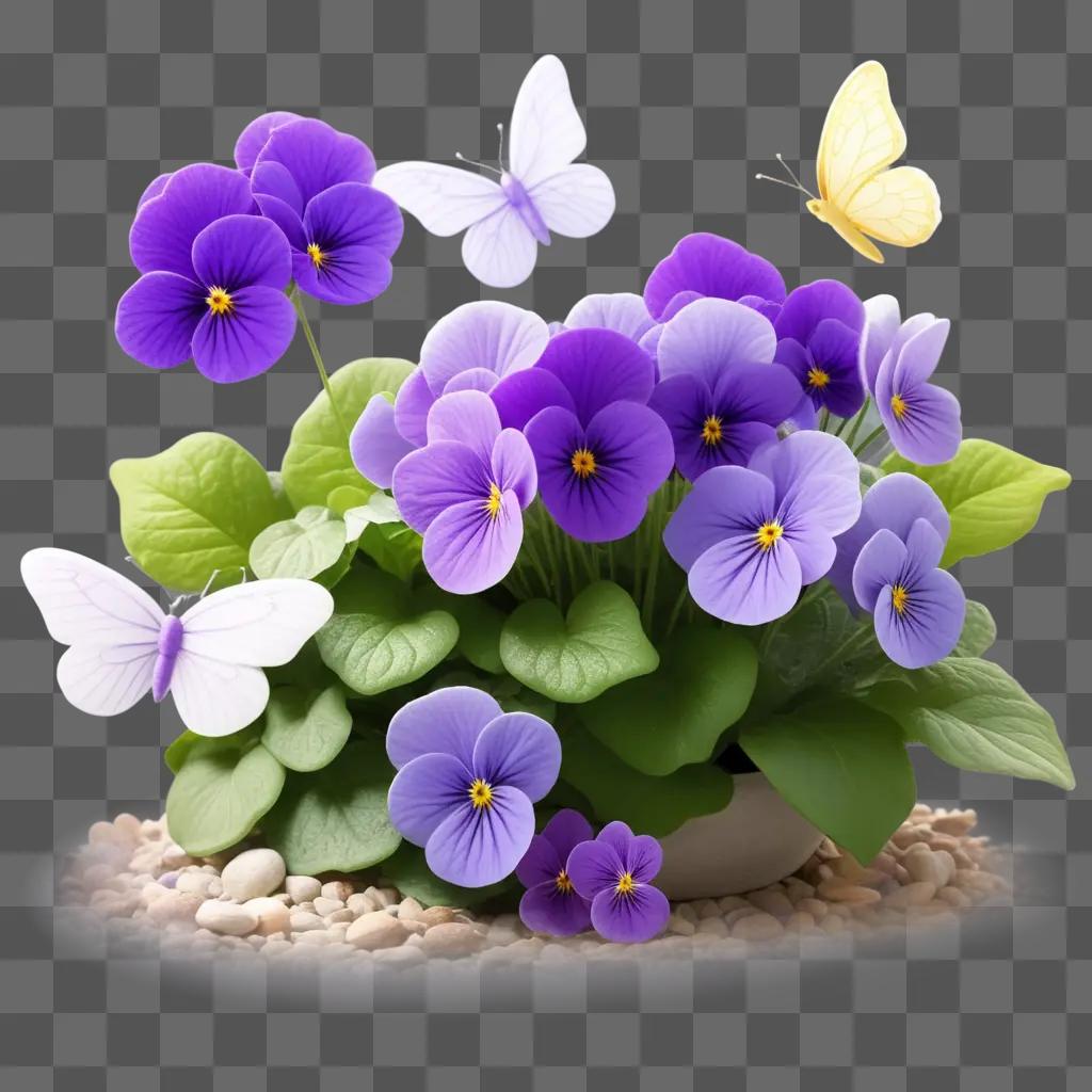 purple bouquet of violets and butterflies