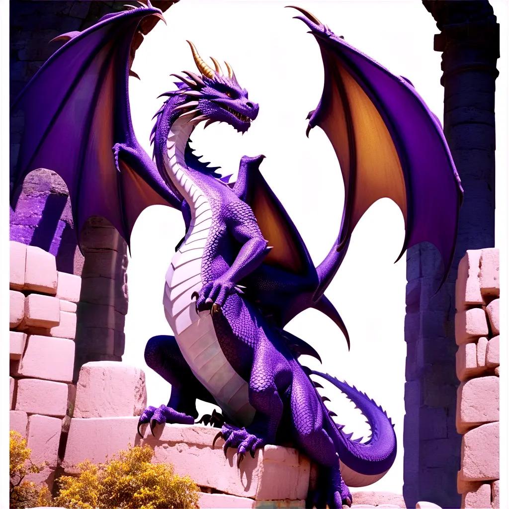 purple dragon statue sits atop a stone pillar