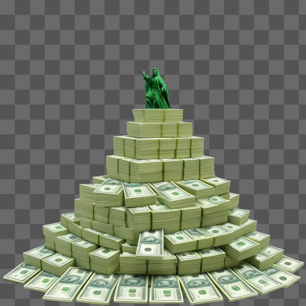 pyramid of stacks of cash with a statue atop