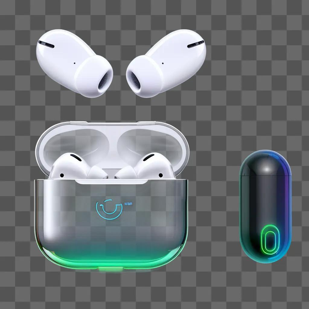 rPods in a charging case with glowing lights