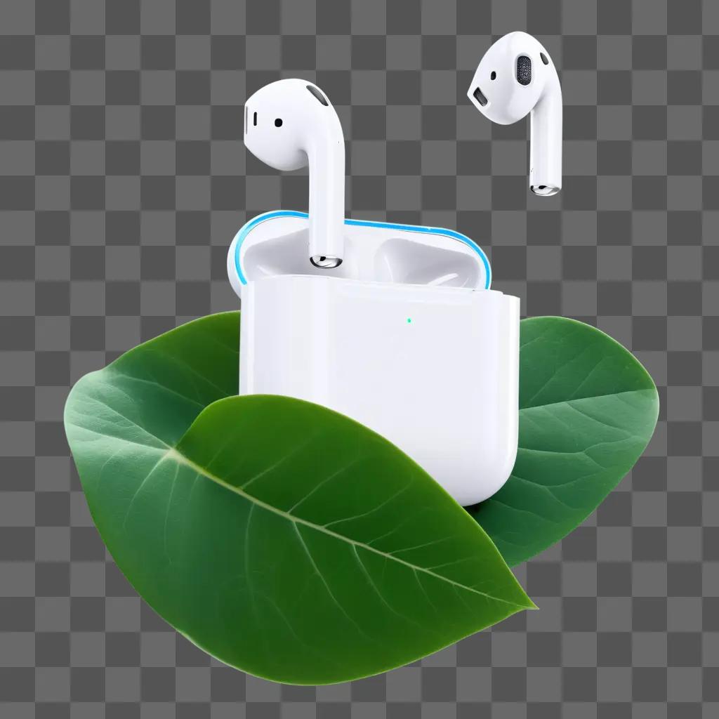 rPods with glowing blue charging case sit on green leaves