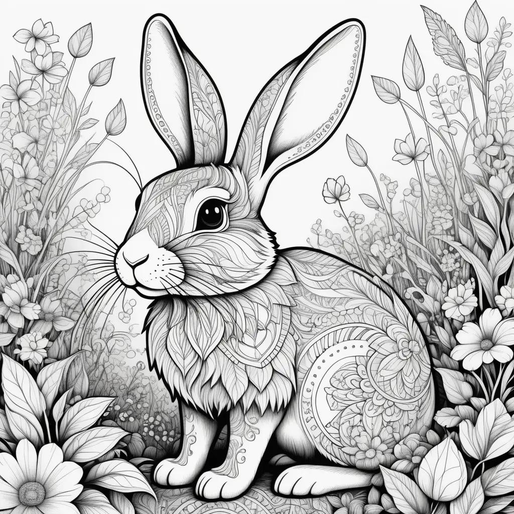 rabbit coloring page with an array of flowers