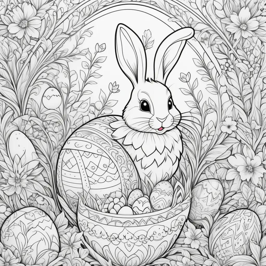 rabbit in a basket among Easter eggs and flowers