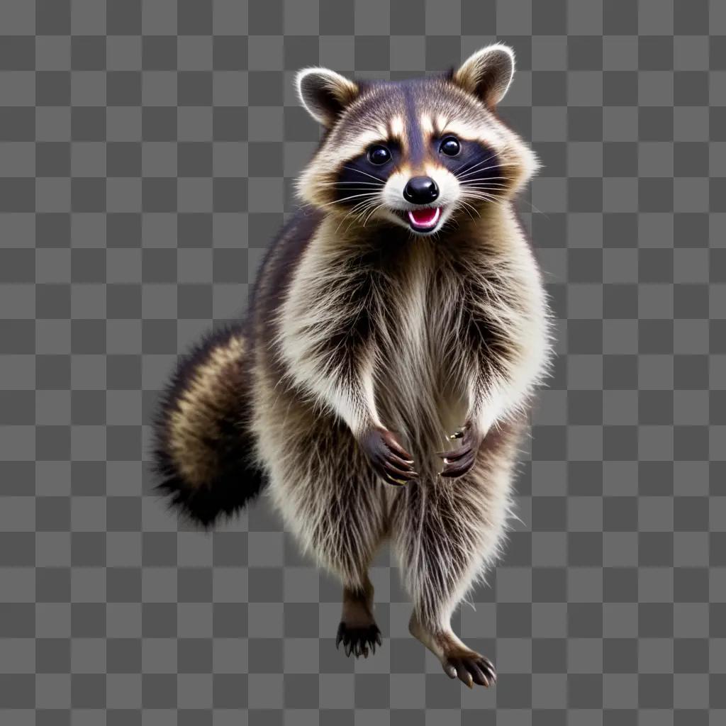 raccoon stands with mouth open on a grey background