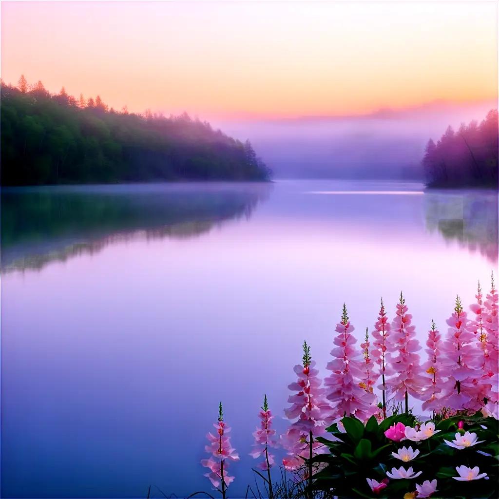 radiant lake scene with pink flowers