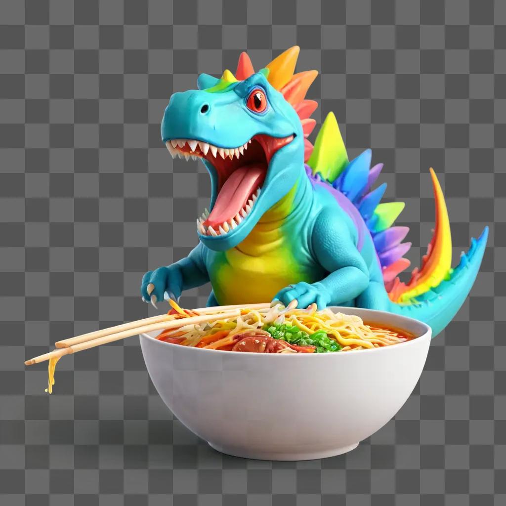 rainbow A dinosaur toy eats a bowl of noodles