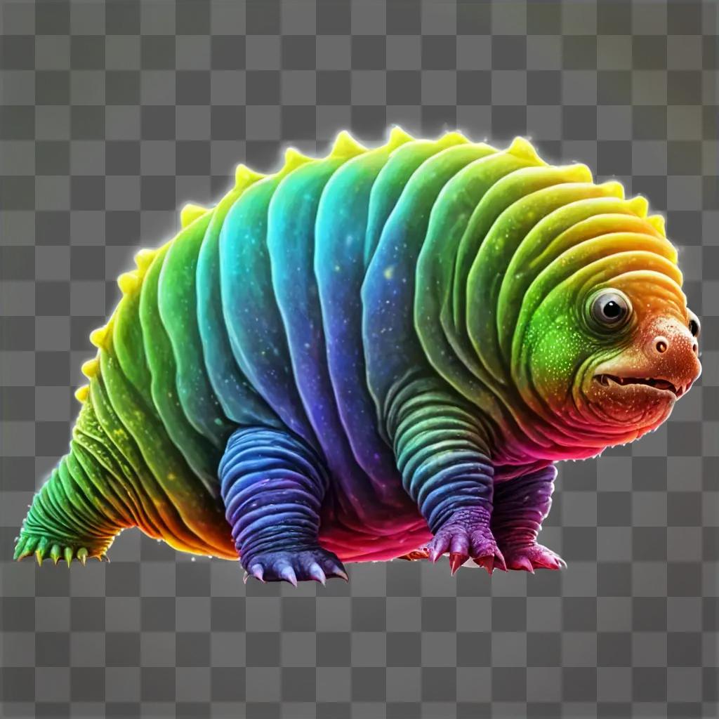 rainbow A multi-colored blob-like creature stands in the center of a bright background