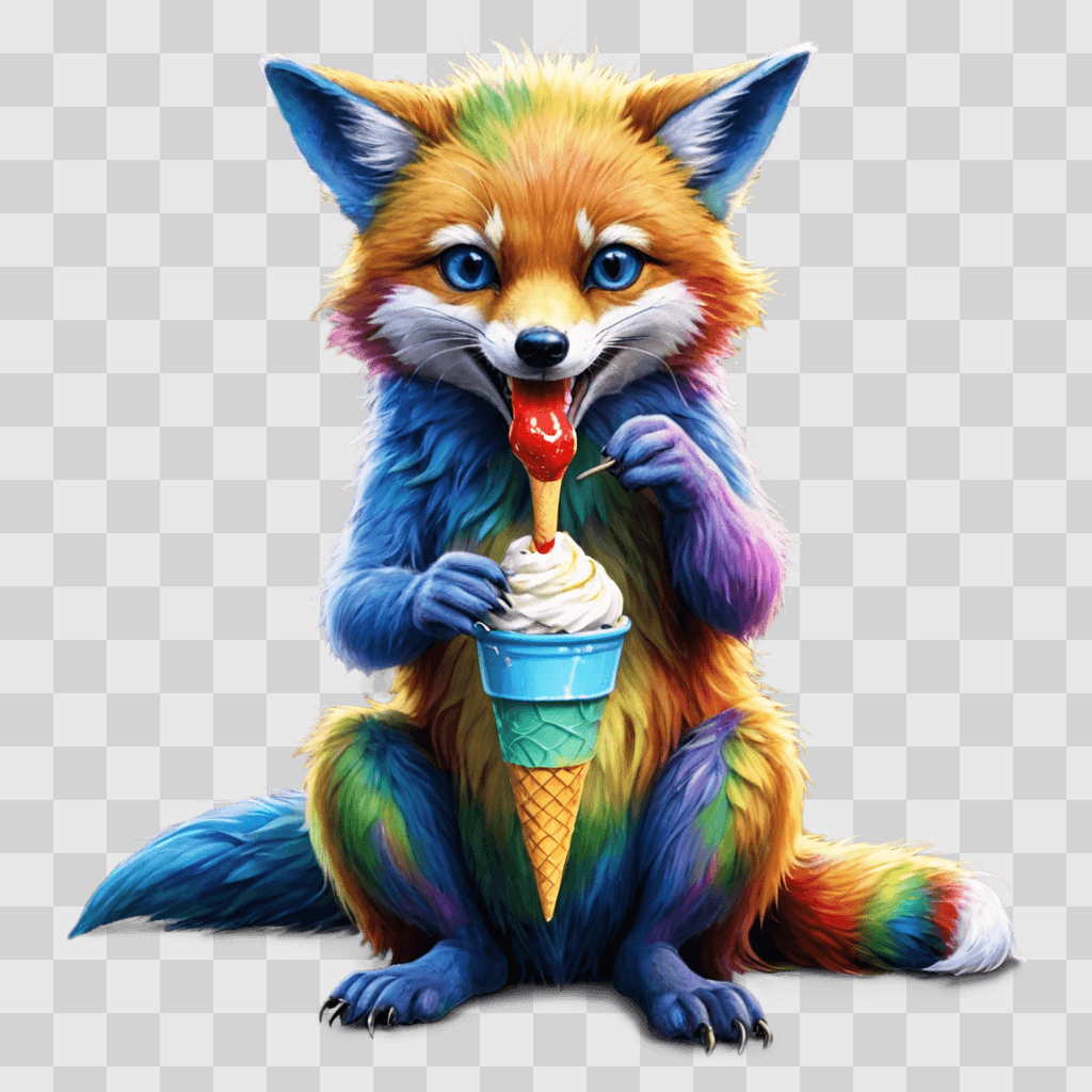 rainbow A multicolored fox eats an ice cream cone