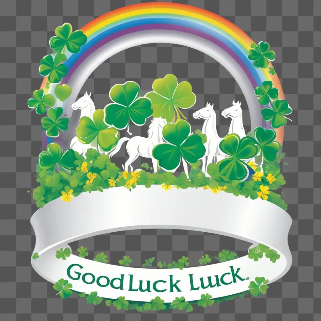 rainbow and clovers surround a good luck message