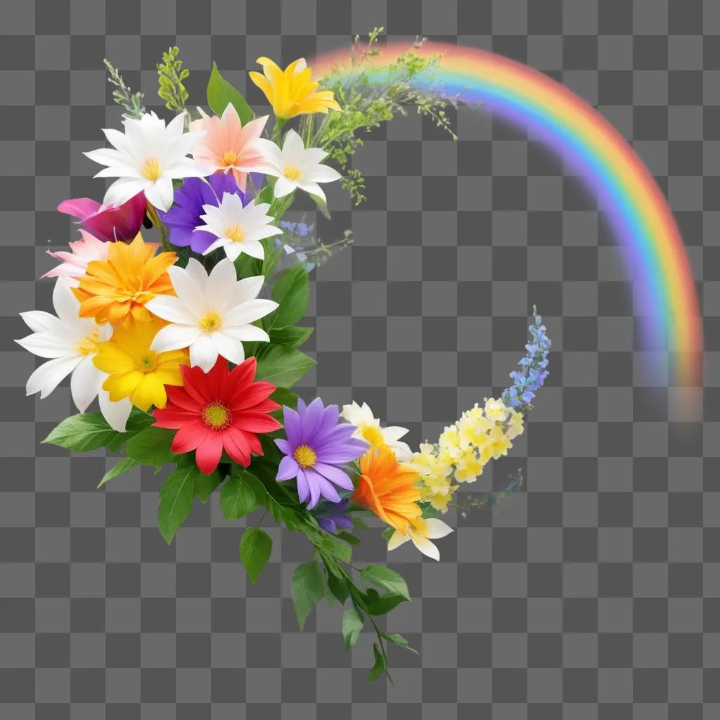 rainbow-colored flower arrangement with a rainbow behind it