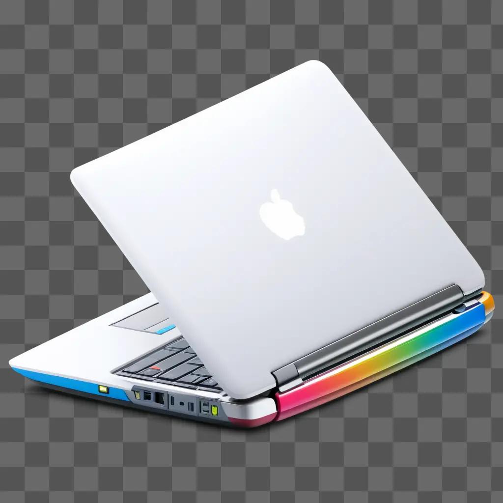 rainbow-colored laptop sits on a gray surface