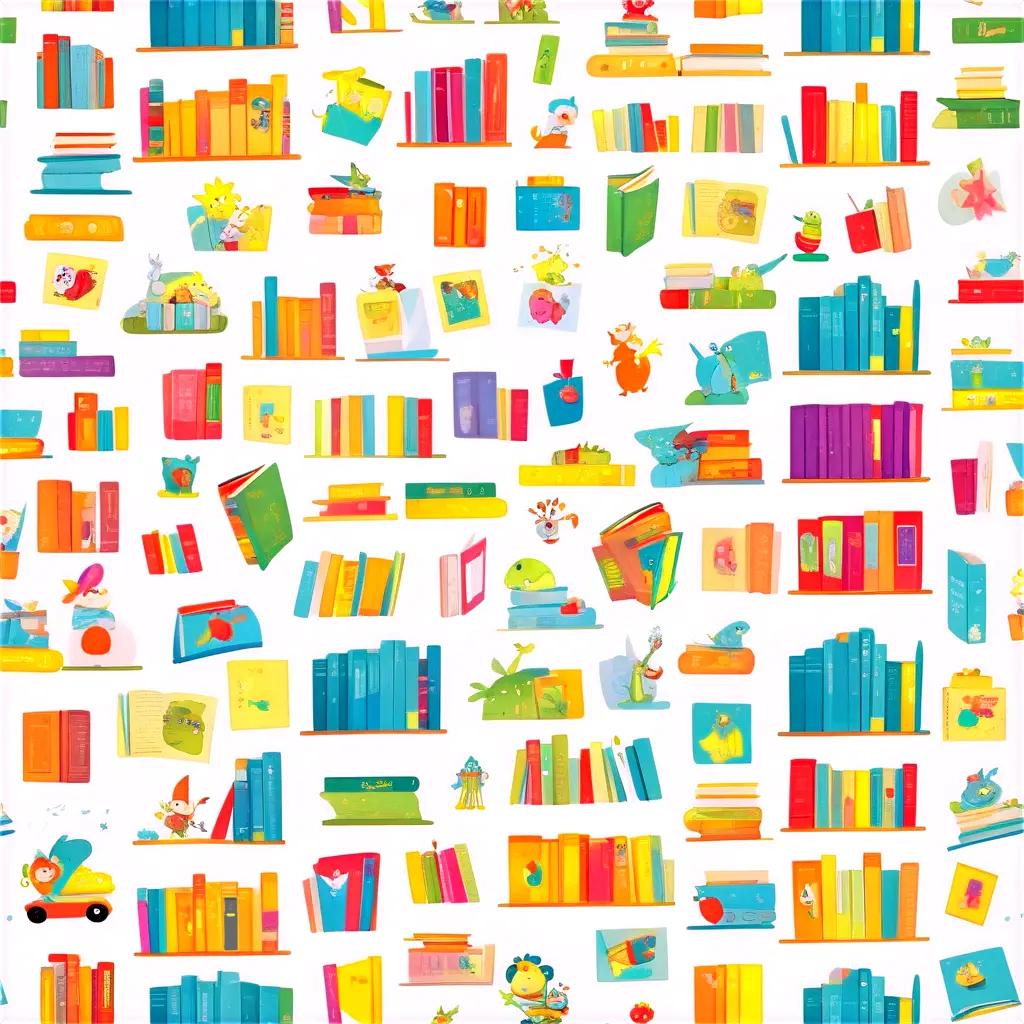 rainbow-colored wall displays cartoon books and characters