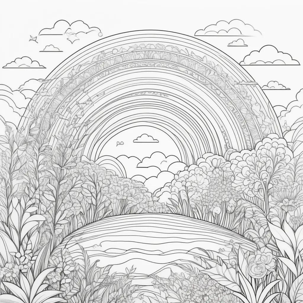 rainbow coloring page with a forest in the background