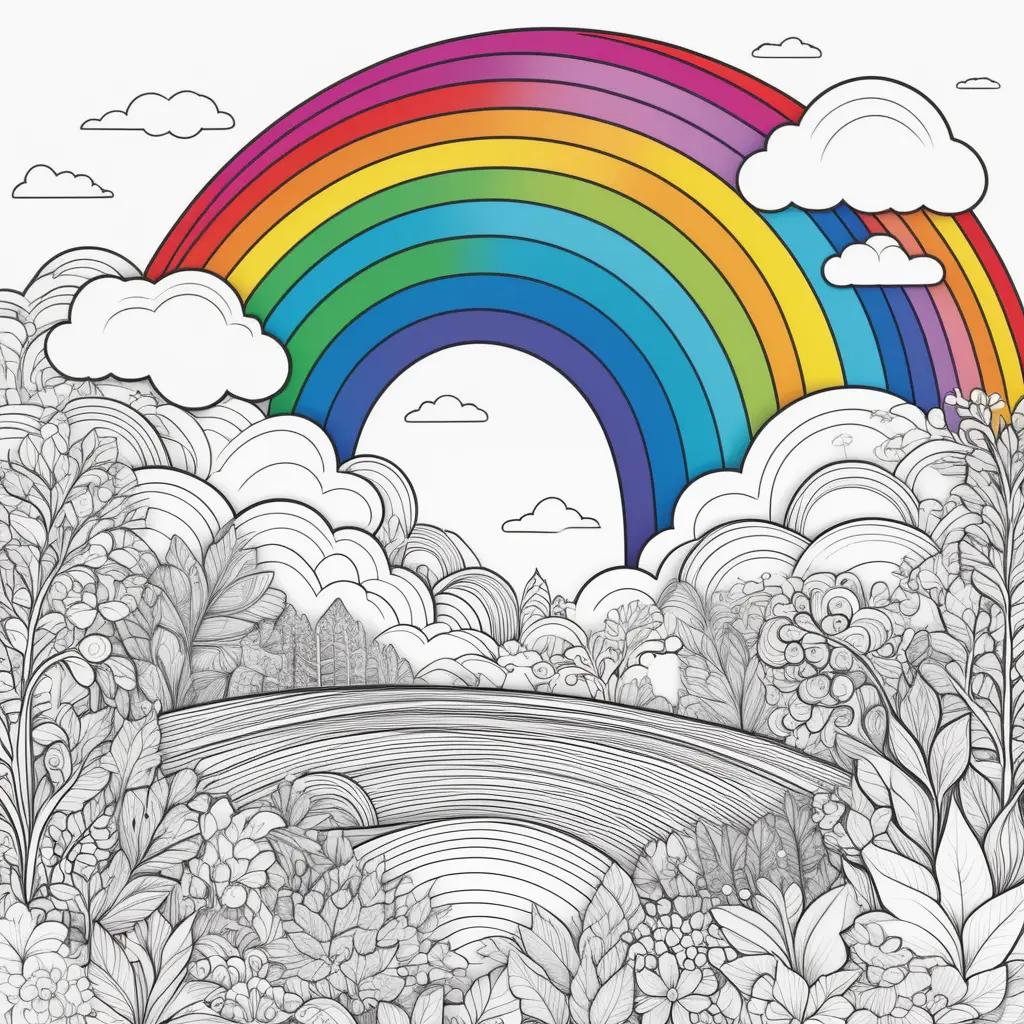 rainbow coloring page with a lush forest scene