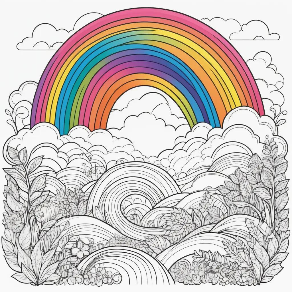 rainbow coloring page with flowers and clouds