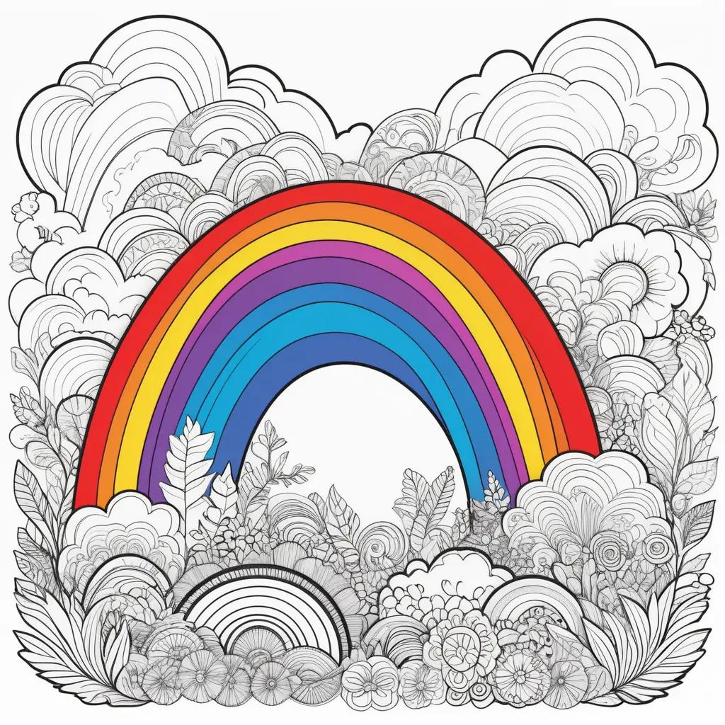 rainbow coloring page with various flowers and clouds