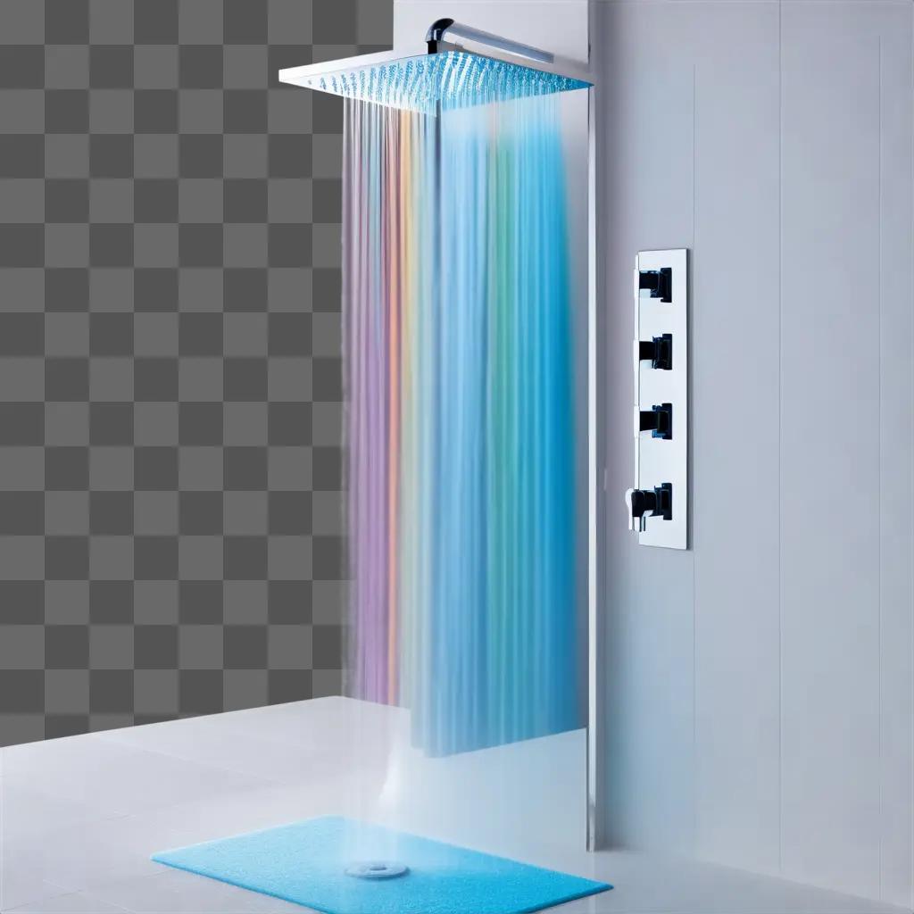 rainbow shower head with a blue mat