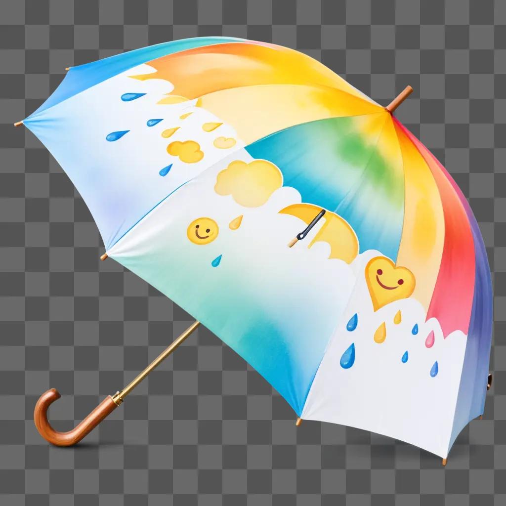 スマイリーフェイスと雨滴の虹色の傘