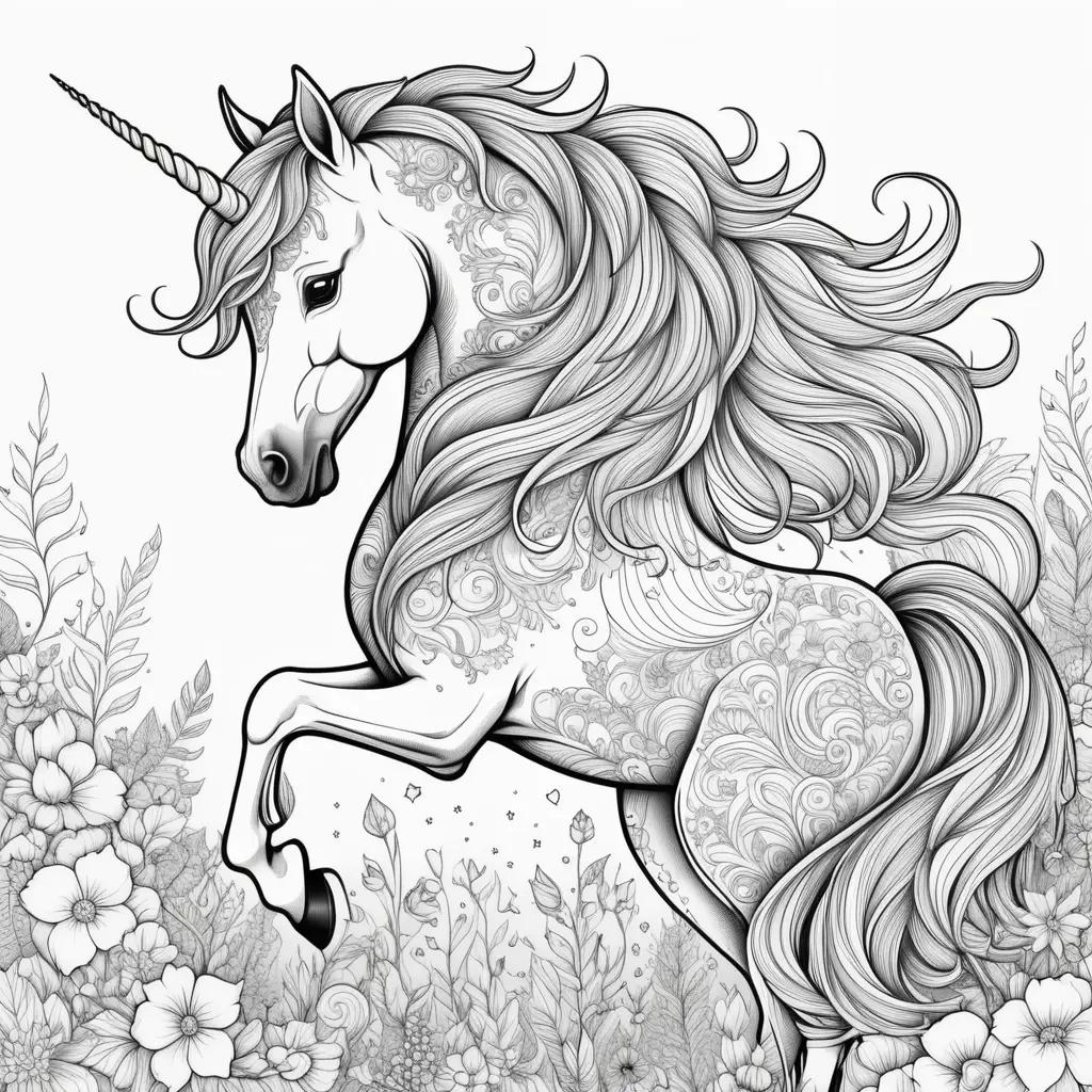 rainbow unicorn coloring page with a floral background