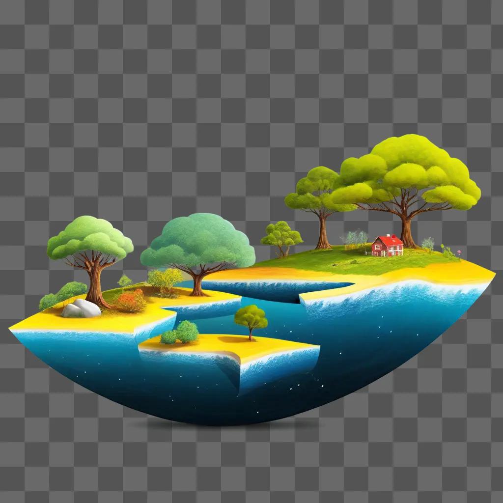 random island with trees and buildings on it